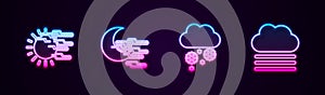 Set line Fog and sun, moon, Cloud with snow and cloud. Glowing neon icon. Vector