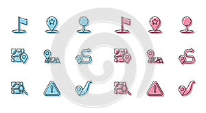 Set line Folded map with location marker, Exclamation in triangle, Flag, Route, and Map pointer star icon. Vector