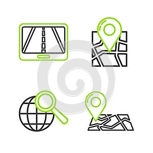 Set line Folded map with location marker, Magnifying glass globe, and Infographic of city navigation icon. Vector