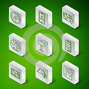 Set line Folded map with location marker, Toll road traffic, Compass, Road sign, Location the globe, City navigation