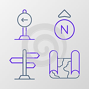 Set line Folded map, Road traffic sign, Compass and Traffic turn left icon. Vector