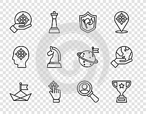 Set line Folded paper boat, Award cup, Shield with flag, Target, Chess, Magnifying glass for search and Hand holding
