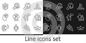 Set line Folded paper boat, Chess, Hand holding Earth globe, Man flag, Shield with, and for search people icon. Vector
