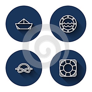 Set line Folded paper boat, Ship porthole, Nautical rope knots and Lifebuoy with long shadow. Blue circle button. Vector