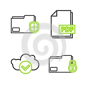 Set line Folder and lock, Cloud with check mark, PDF file document and Document folder protection icon. Vector