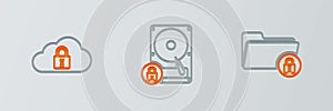 Set line Folder and lock, Cloud computing and Hard disk drive icon. Vector