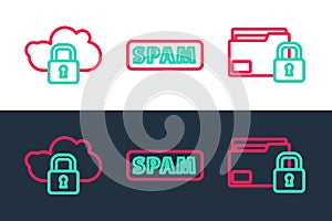 Set line Folder and lock, Cloud computing and Spam icon. Vector