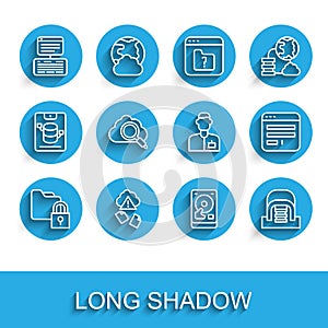 Set line Folder and lock, Cloud hacking, Server, Data, Web Hosting, Hard disk drive HDD, Hangar with servers, Search