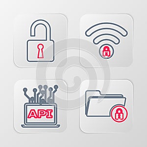 Set line Folder and lock, Computer api interface, Wifi locked and Open padlock icon. Vector