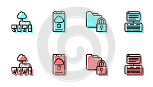 Set line Folder and lock, Computer network, Cloud technology data transfer and Server, Data, Web Hosting icon. Vector
