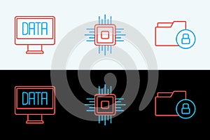 Set line Folder and lock, Data analysis and Processor CPU icon. Vector