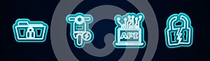 Set line Folder and lock, Electric scooter, Computer api interface and Broken or cracked. Glowing neon icon. Vector