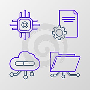 Set line Folder and lock, Internet of things, File document and Processor icon. Vector