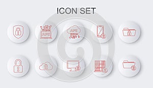 Set line Folder and lock, Open padlock, Cloud api interface, Server security with, Shield, Computer, computing and Lock