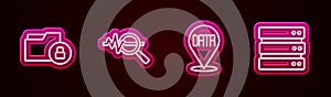Set line Folder and lock, Search data analysis, Data and Server. Glowing neon icon. Vector