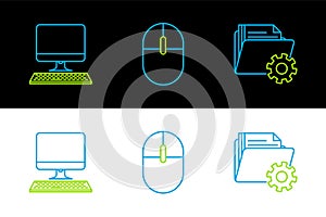 Set line Folder settings with gears, Computer monitor keyboard and mouse icon. Vector