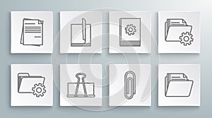 Set line Folder settings with gears, File document, Binder clip, Paper, Document folder, User manual, and icon. Vector
