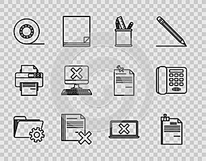 Set line Folder settings with gears, File document and binder clip, Pencil case stationery, Delete file, Scotch