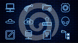 Set line Folder tree, Alien, Unknown directory, Cloud mail server, UFO flying spaceship, Computer network, Loading and