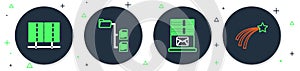 Set line Folder tree, Mail server, Server, Data, Web Hosting and Falling star icon. Vector