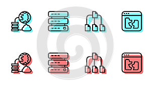 Set line Folder tree, Network cloud connection, Server, Data, Web Hosting and Broken file icon. Vector