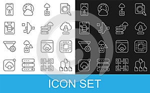 Set line Folder tree, Processor with CPU, Cloud computing lock, technology data transfer, Filter setting, Server, Data