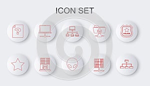 Set line Folder tree, Star, Computer network, Server, Data, Web Hosting, Unknown document, Mail server and Alien icon