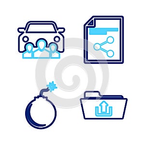Set line Folder upload, Bomb ready to explode, Share file and Car sharing icon. Vector