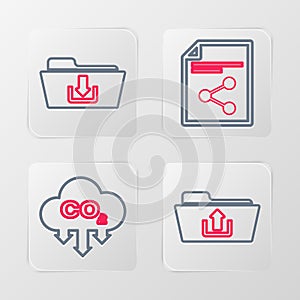 Set line Folder upload, CO2 emissions in cloud, Share file and download icon. Vector