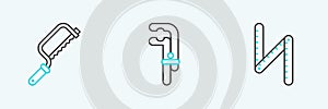 Set line Folding ruler, Hacksaw and Clamp tool icon. Vector