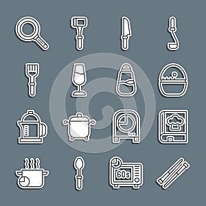 Set line Food chopsticks, Cookbook, Kitchen timer, Knife, Wine glass, Fork, Frying pan and Salt icon. Vector