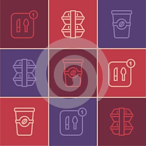 Set line Food ordering, Coffee cup to go and Lunch box icon. Vector