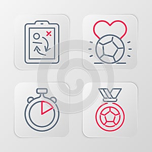 Set line Football or soccer medal, Stopwatch, Soccer football and Planning strategy concept icon. Vector