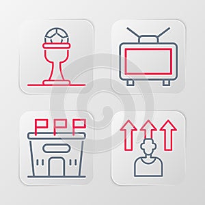 Set line Football or soccer player, stadium, match on TV and Award cup and football icon. Vector