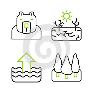 Set line Forest, Rise in water level, Drought and Polar bear head icon. Vector