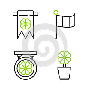 Set line Four leaf clover in pot, Street signboard with four, National Ireland flag and party pennant icon. Vector