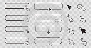 Set line frame border with arrow, mouse pointer, Button click here, action for web, simple ui ux design element. Press