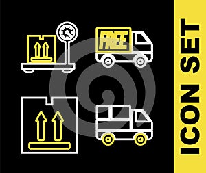 Set line Free delivery service, Delivery truck with boxes, Cardboard traffic and Scale cardboard icon. Vector