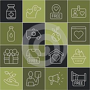 Set line Free overnight stay house, Donation food box, Dating app online, Location with heart, Emergency car, Bottle of