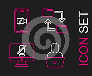 Set line Freelancer, Mute microphone on computer, Cloud storage document folder and Video camera Off mobile icon. Vector
