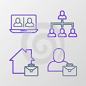 Set line Freelancer, Online working, Hierarchy organogram chart and Video chat conference icon. Vector