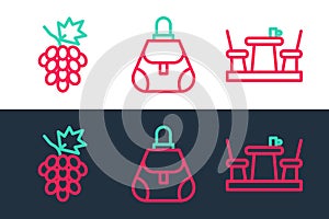 Set line French cafe, Grape fruit and Handbag icon. Vector