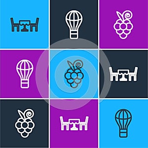 Set line French cafe, Grape fruit and Hot air balloon icon. Vector