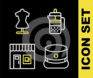 Set line French press, Kepi, Coffee shop and Mannequin icon. Vector