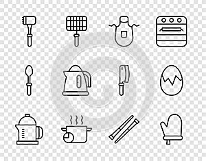 Set line French press, Oven glove, Kitchen apron, Cooking pot, hammer, Electric kettle, Food chopsticks and Broken egg