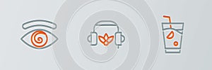 Set line Fresh smoothie, Hypnosis and Headphones for meditation icon. Vector