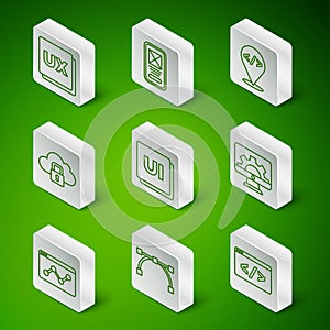 Set line Front end development, Bezier curve, UI or UX design, Cloud computing lock, Website statistic and icon. Vector