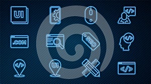 Set line Front end development, Computer mouse, UI or UX design, SEO optimization and Web icon. Vector