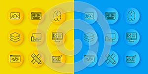 Set line Front end development, Layers, Monitor and mobile, UI UX design, Web, Computer mouse and icon. Vector