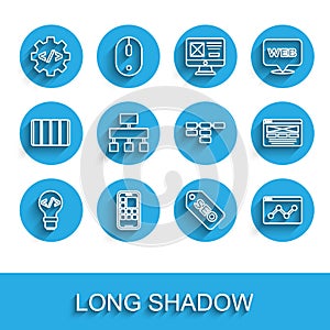 Set line Front end development, Mobile Apps, SEO optimization, Website statistic, Site map, UI or UX design and icon